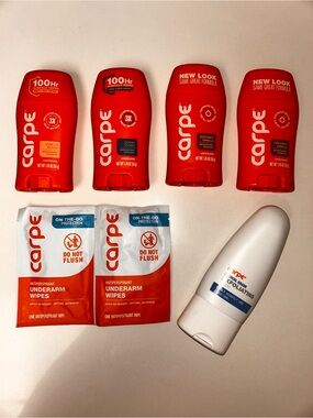 Carpe Antiperspirant Bundle! 4 brand new sticks, 2 sealed wipes, + a bonus scrub